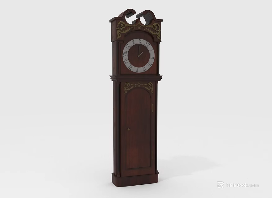 Vintage Dark Brown Wooden Grandfather Clock With Decorative Brass Accents 3d model 