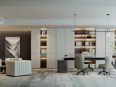 Modern Office Interior Design With Bookshelves Desk Office Chairs Artwork Pendant Lights And Rug 3d model