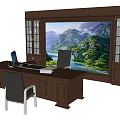 Office Desk Setup With Computer Chairs Large Display Screen Cabinets And Plant