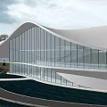 Modern Architectural Building With Curved White Roof Glass Curtain Walls And Waterfront Green Lawn Pathway