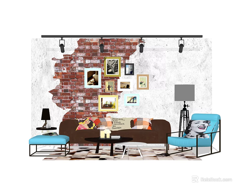 Stylish Sofa Coffee Table Set With Brick Wall Picture Frames And Floor Lamps 3d model