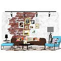 Stylish Sofa Coffee Table Set With Brick Wall Picture Frames And Floor Lamps 3d model