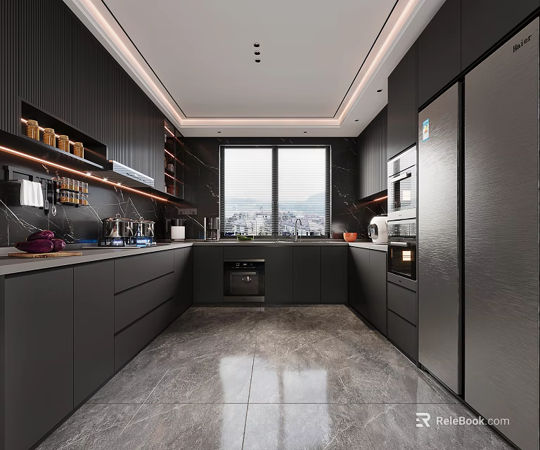 Modern Dark Kitchen Interior Design With Sleek Cabinets Large Window And Refrigerator 3d model