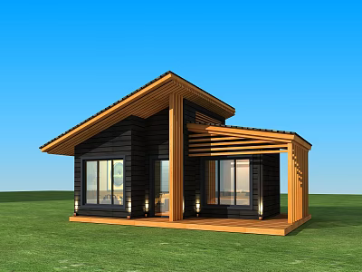Modern Detached House With Wooden Porch Large Windows And Green Lawn 3d model
