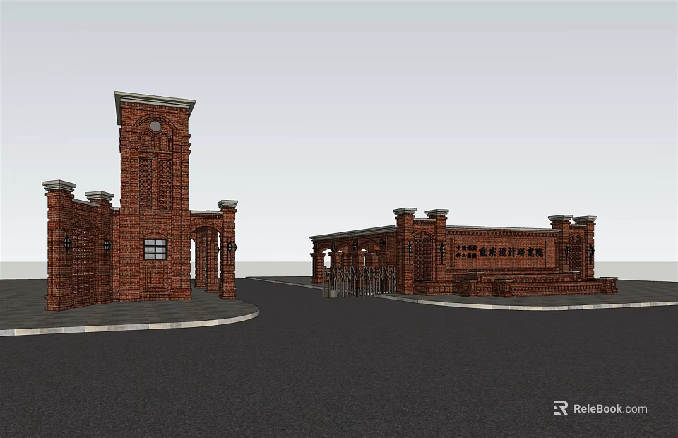 Detailed Red Brick Entrance Gate With Tower And Classical Arched Architecture 3d model
