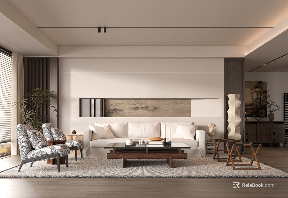 Modern Living Room Interior Design With Sofa Coffee Table Rug Decorative Painting And Plant 3d model 