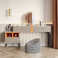 Modern Dressing Table With White Top Gray Orange Drawers Round Mirror And Striped Stool
