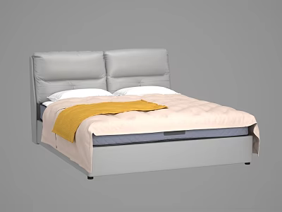 Modern Double Bed With Gray Leather Headboard White Pillows Yellow Blanket And Pink Bedspread 3d model