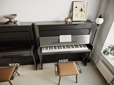 Stylish Music Instrument And Art Supplies Interior With Black Piano Framed Painting Piano Stool And Decorative Bowl 3d model