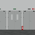 Gray Fire Doors With Red Fire Extinguisher And Emergency Exit Signs And Warning Posters