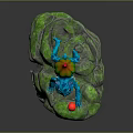 Blue Game Character With Green Red Back Holding Red White Ball On Green Rock