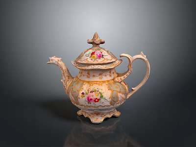 Detailed Ornate Vintage Porcelain Teapot With Floral Patterns And Gold Accents 3d model