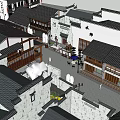 Traditional Chinese Commercial Street With Black Tiled Roofs White Walls Green Plants And Pedestrian Walkway