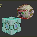 Futuristic Mechanical Sphere And Geometric Cube Structure With Glowing Pink Elements