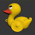 Yellow Plastic Toy Duck With Red Beak Black Eyes And Wheels For Children Play
