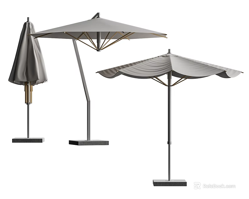 Modern Outdoor Umbrellas In Different Styles With Gray Canopy And Metal Base 3d model 