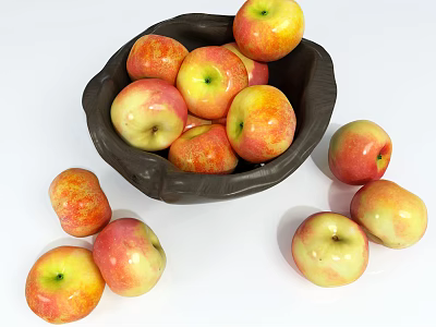 Ripe Red Yellow Apples in Black Bowl with Some Scattered Around 3d model