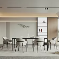 Modern Restaurant With Black Dining Table Grey Chairs Wooden Cabinets White Bookshelf Decorations Green Plant