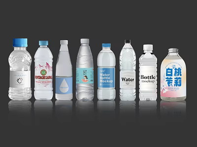 Various Bottled Water Brands With Different Label Designs And Clear Containers 3d model