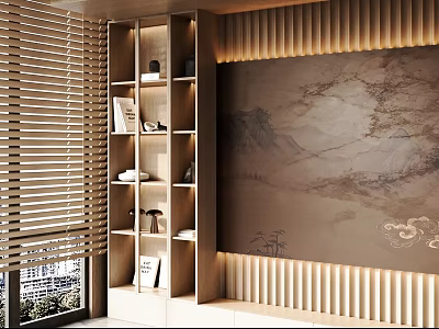 Wooden Decorative Cabinet With Multiple Shelves And Window Blinds By Landscape Painting Backdrop 3d model