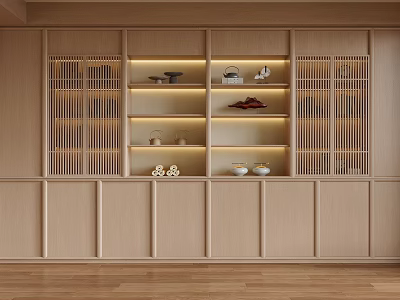Modern Wooden Tea Cabinet Interior Design With Lattice Doors Shelves And Tea Sets 3d model
