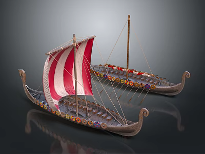Ancient Water Transport Vessels With Red White Striped Sails And Colorful Circular Patterns 3d model