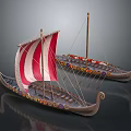 Ancient Water Transport Vessels With Red White Striped Sails And Colorful Circular Patterns