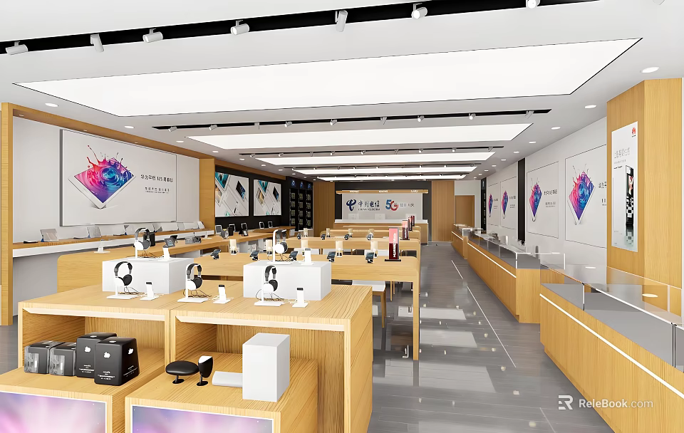 Bright Digital Store Interior With Wooden Counters Multiple Display Areas And Headphones 3d model 