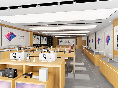 Bright Digital Store Interior With Wooden Counters Multiple Display Areas And Headphones 3d model