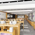 Bright Digital Store Interior With Wooden Counters Multiple Display Areas And Headphones