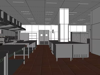 Commercial Kitchen Interior With Stainless Steel Worktables Ventilation Hoods And Storage Cabinets 3d model
