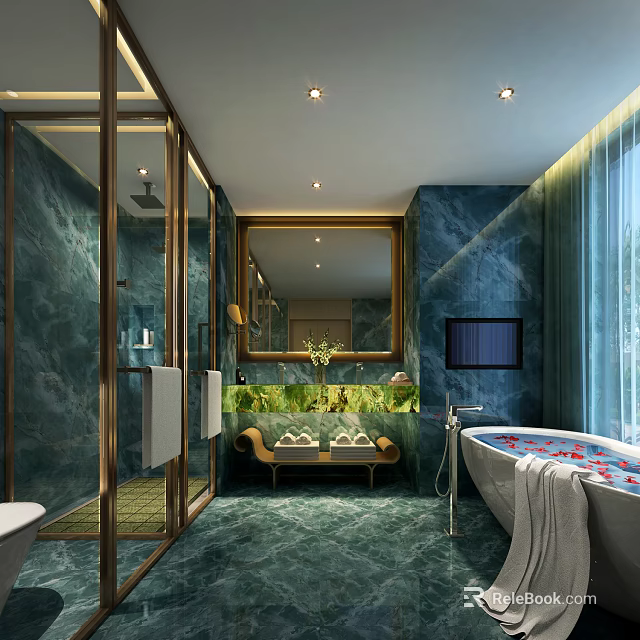 Luxurious Hotel Bathroom With Green Marble Walls Bathtub And Glass Shower 3d model 