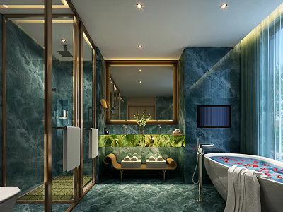 Luxurious Hotel Bathroom With Green Marble Walls Bathtub And Glass Shower 3d model