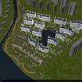 Aerial View Planning of Modern Residential Area with River Green Spaces and Roads