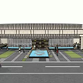 Modern Entrance Gate With Stone Wall And Metal Structure Near Street With People Walking