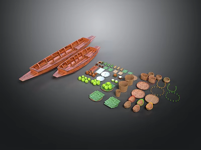 Scenic Waterfront View With Two Wooden Boats And Green Brown Cargo Items 3d model