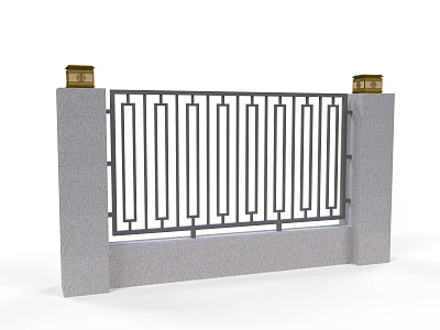 Modern Metal Fence With Geometric Railings And Stone Posts Golden Top Caps 3d model