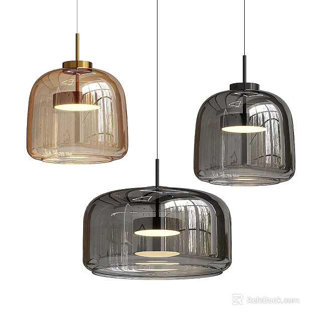 Modern Glass Pendant Lights with Ribbed Dome Shades and Black Gold Accents 3d model 