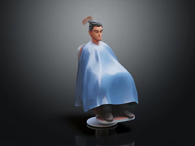 A Man Getting Haircut In Barber Chair With Blue Cape And Hairdressing Tools 3d model