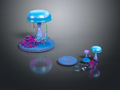 Vibrant Purple Pink Plant Like Structures With Blue Mushroom Shaped Plants On Round Platforms 3d model