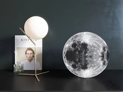 Modern Table Lamp With Golden Stand White Spherical Lampshade And Moon Shaped Decor 3d model