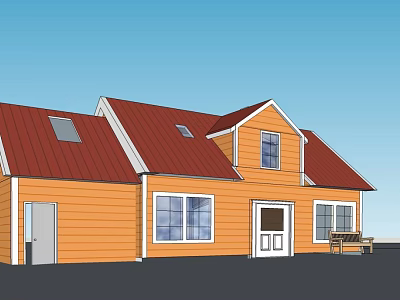 Orange Exterior Detached House With Red Roof Multiple Windows And Side Bench 3d model