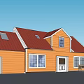 Orange Exterior Detached House With Red Roof Multiple Windows And Side Bench