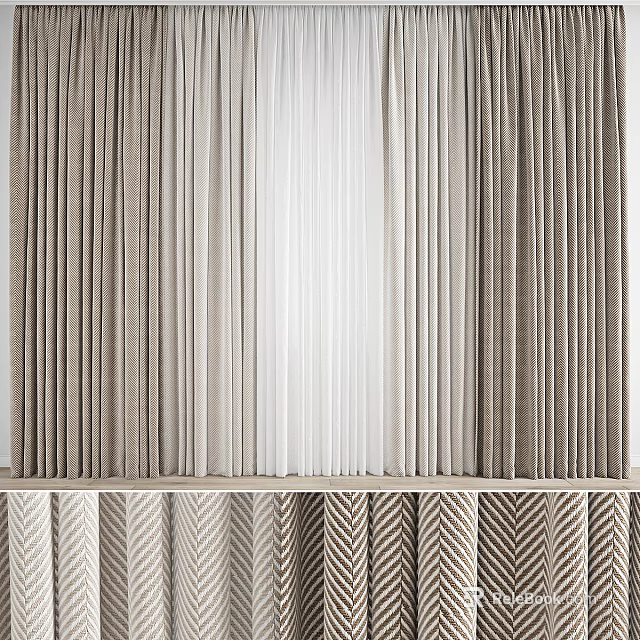 Modern Curtains in Neutral Gray and White with Textured Herringbone Patterns for Home Decor 3d model 