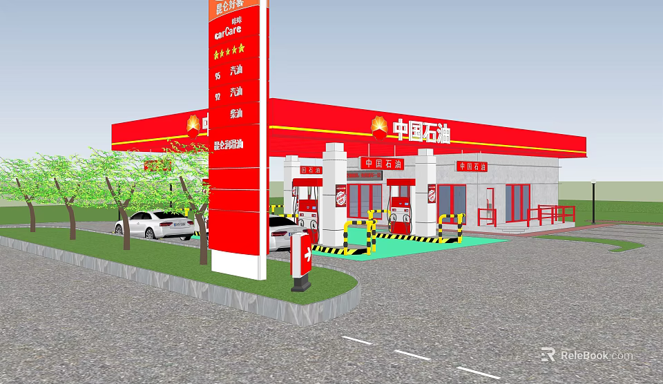 PetroChina Gas Station Featuring Red Roof Fuel Dispensers And Vehicles 3d model 