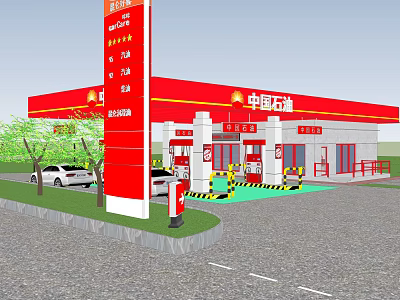 PetroChina Gas Station Featuring Red Roof Fuel Dispensers And Vehicles 3d model