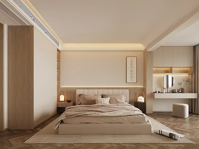 Cozy Minimalist Bedroom Interior Featuring Upholstered Headboard Bedside Lamps Decorative Painting And Herringbone Flooring 3d model