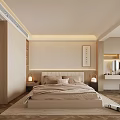 Cozy Minimalist Bedroom Interior Featuring Upholstered Headboard Bedside Lamps Decorative Painting And Herringbone Flooring