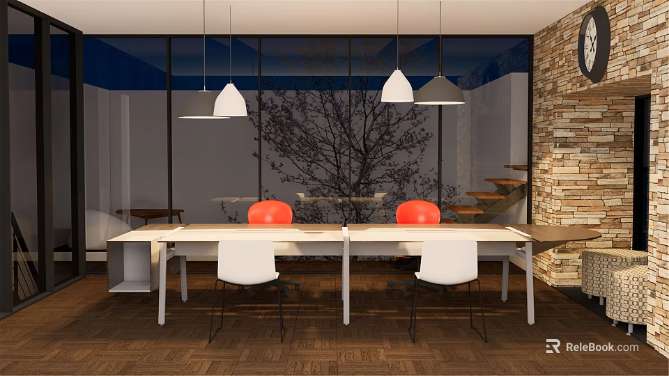 Modern Conference Room Interior With Long Table White Chairs Orange Decorative Balls And Pendant Lights 3d model 