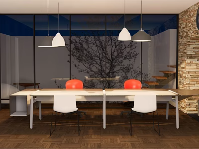 Modern Conference Room Interior With Long Table White Chairs Orange Decorative Balls And Pendant Lights 3d model